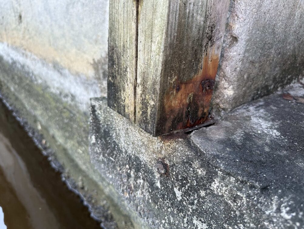 Residential waterway seawall showing surface wear during a Florida Waterway Engineering seawall inspection